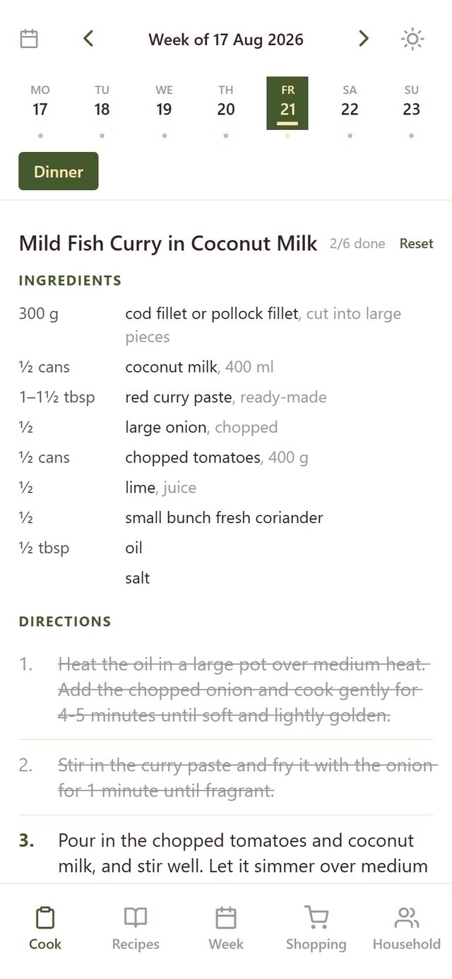 The Cook tab with ingredients and numbered steps, the first two struck through