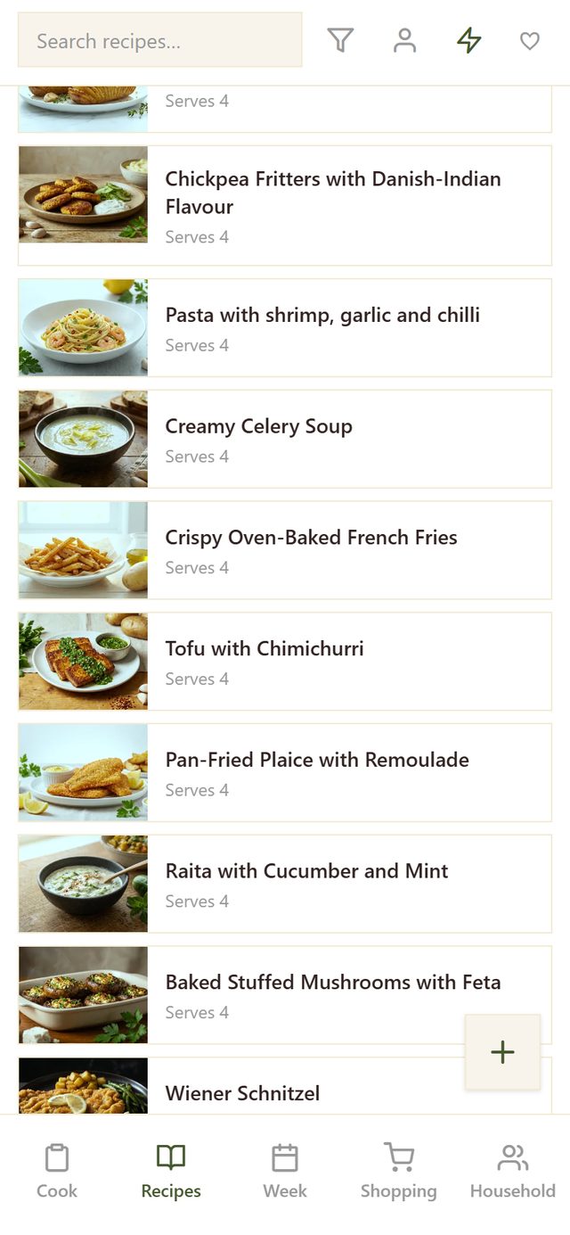 The recipe list with the lightning filter switched on, showing app-only weeknight dishes