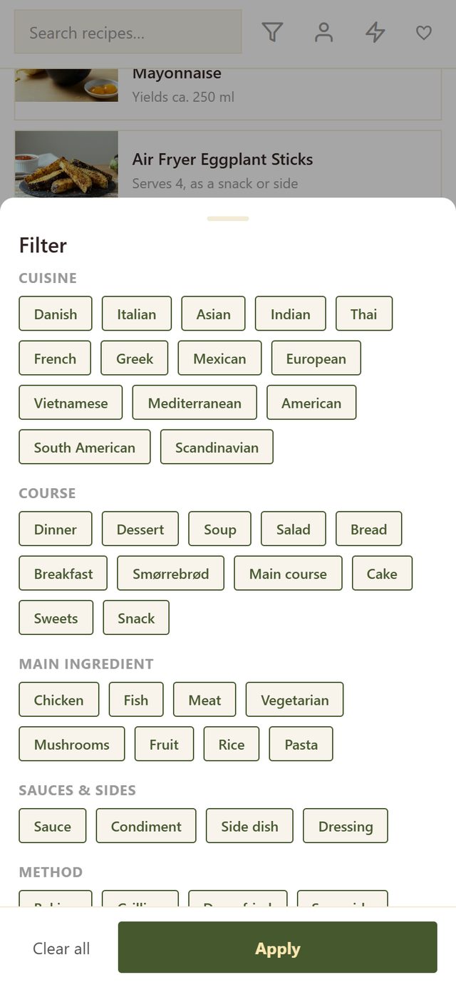 The filter sheet open, showing topic chips grouped under Cuisine, Course and Main ingredient