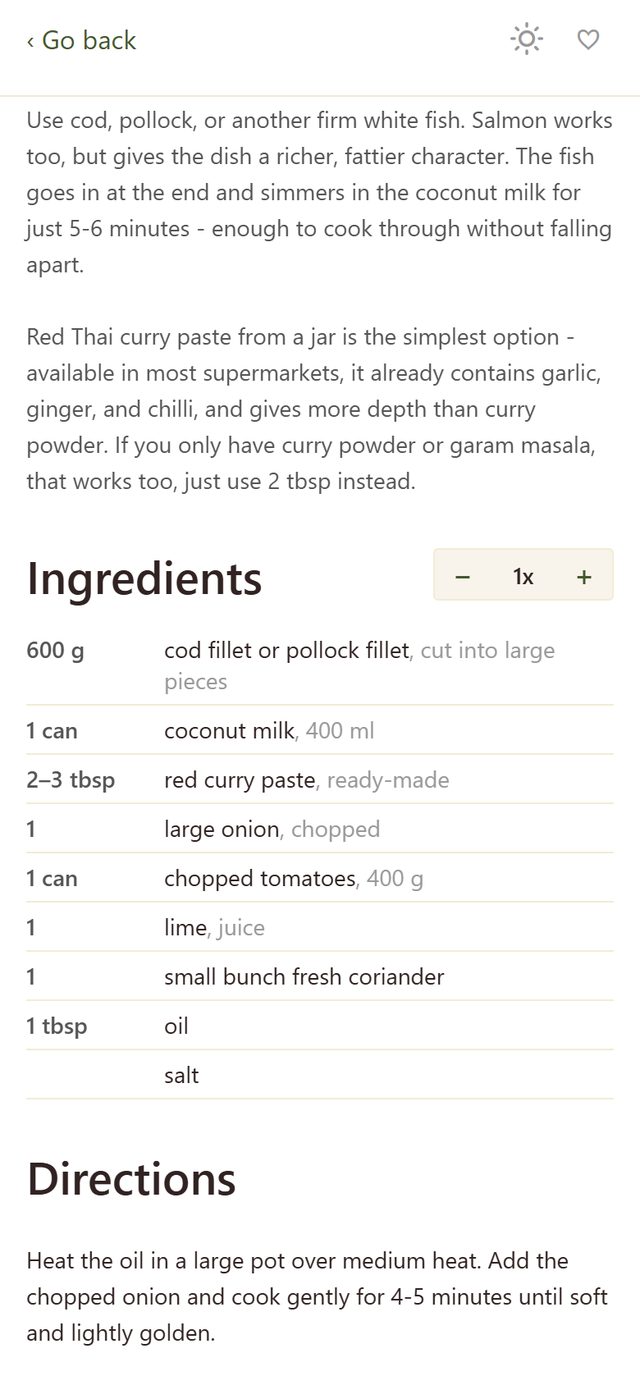 A recipe open in the app with the scaling control beside the ingredient list