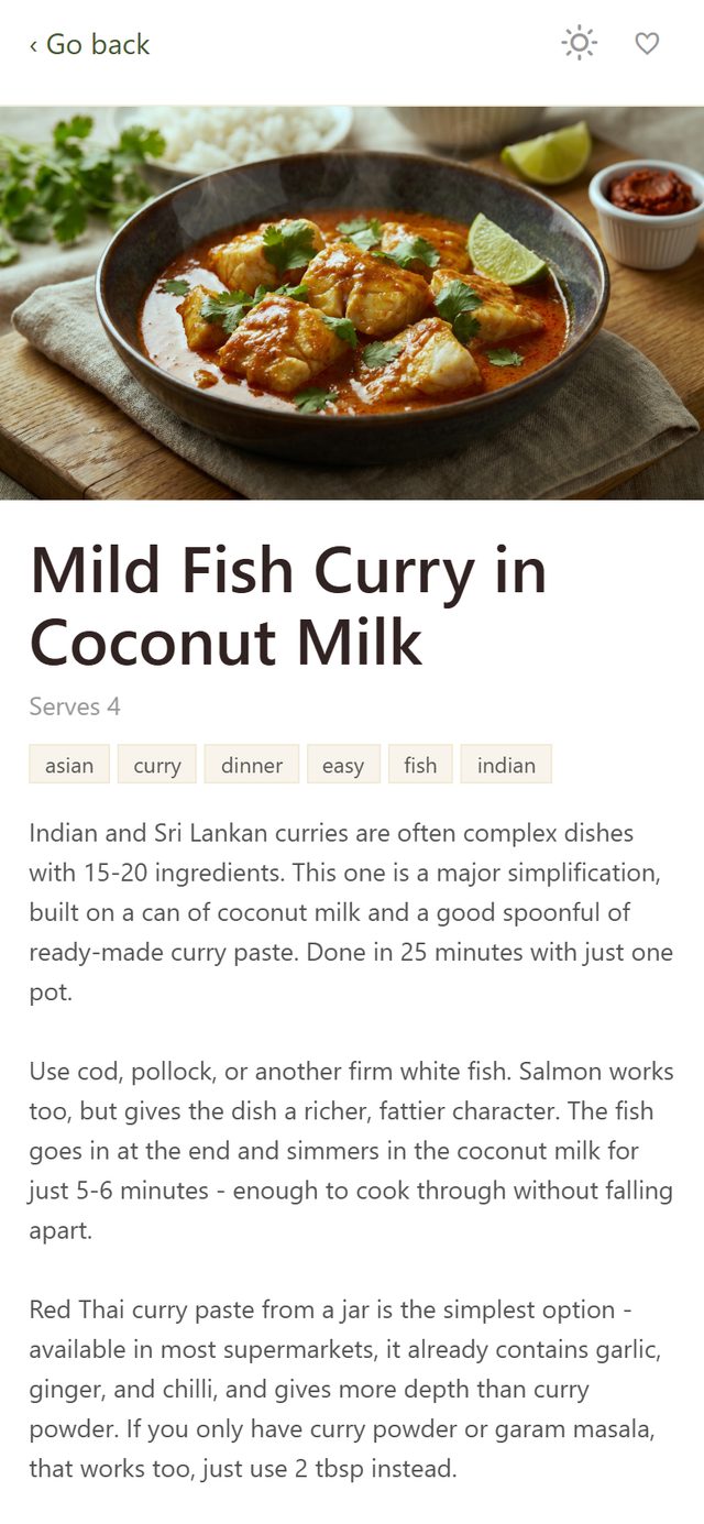 A recipe open in Kvali, with its photo, tags and introduction