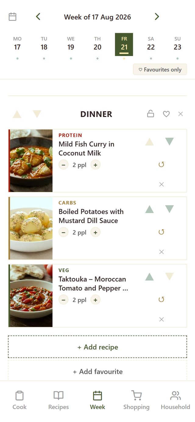 The week planner with a day strip and three dishes under a Dinner heading