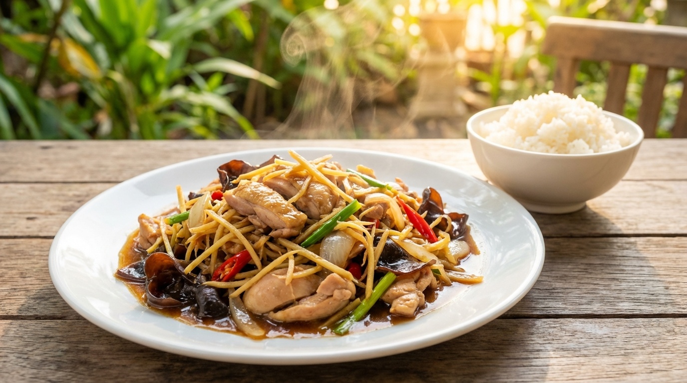 Chicken Stir-Fry with Ginger and Mushrooms (Gai Pad King)