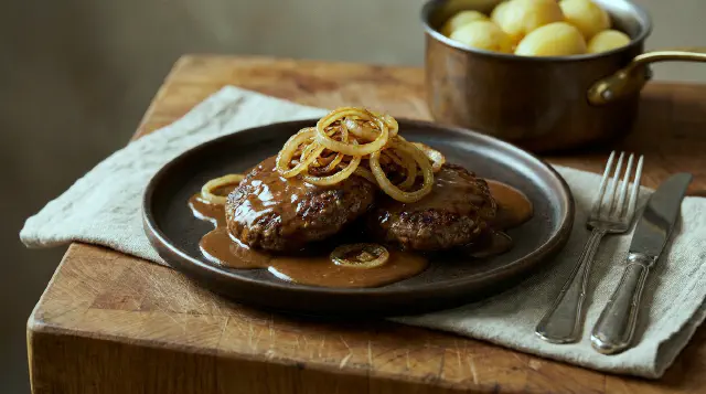 Hamburger patties with gravy and Soft Onions - Danish 'Hakkebøffer med bløde løg'