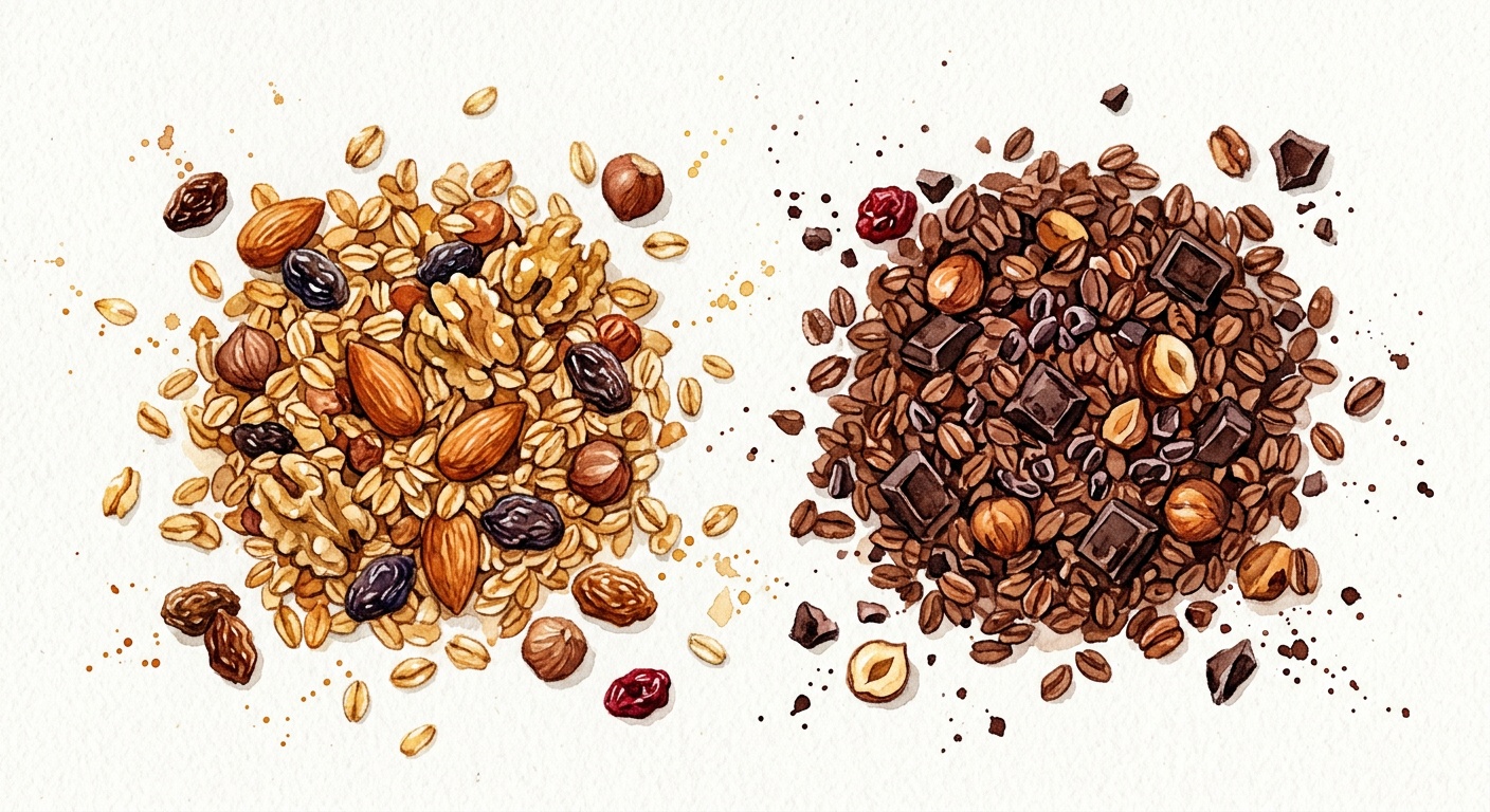 Homemade crunchy breakfast muesli and chocolate muesli