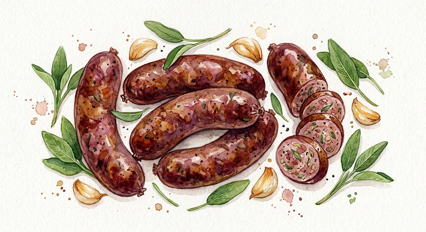 Homemade sausages of duck, sage and roasted garlic