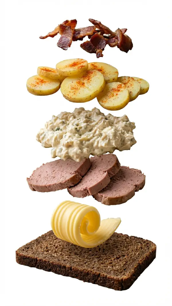 Jomfruens natmad with chicken salad and bacon assembly © kvalifood.com