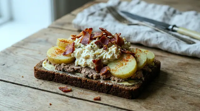 Jomfruens Natmad with Chicken Salad and Bacon