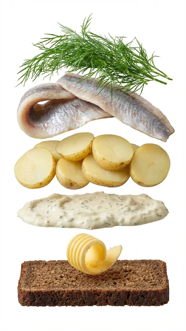 Snaps bread with new potatoes and herring assembly © kvalifood.com