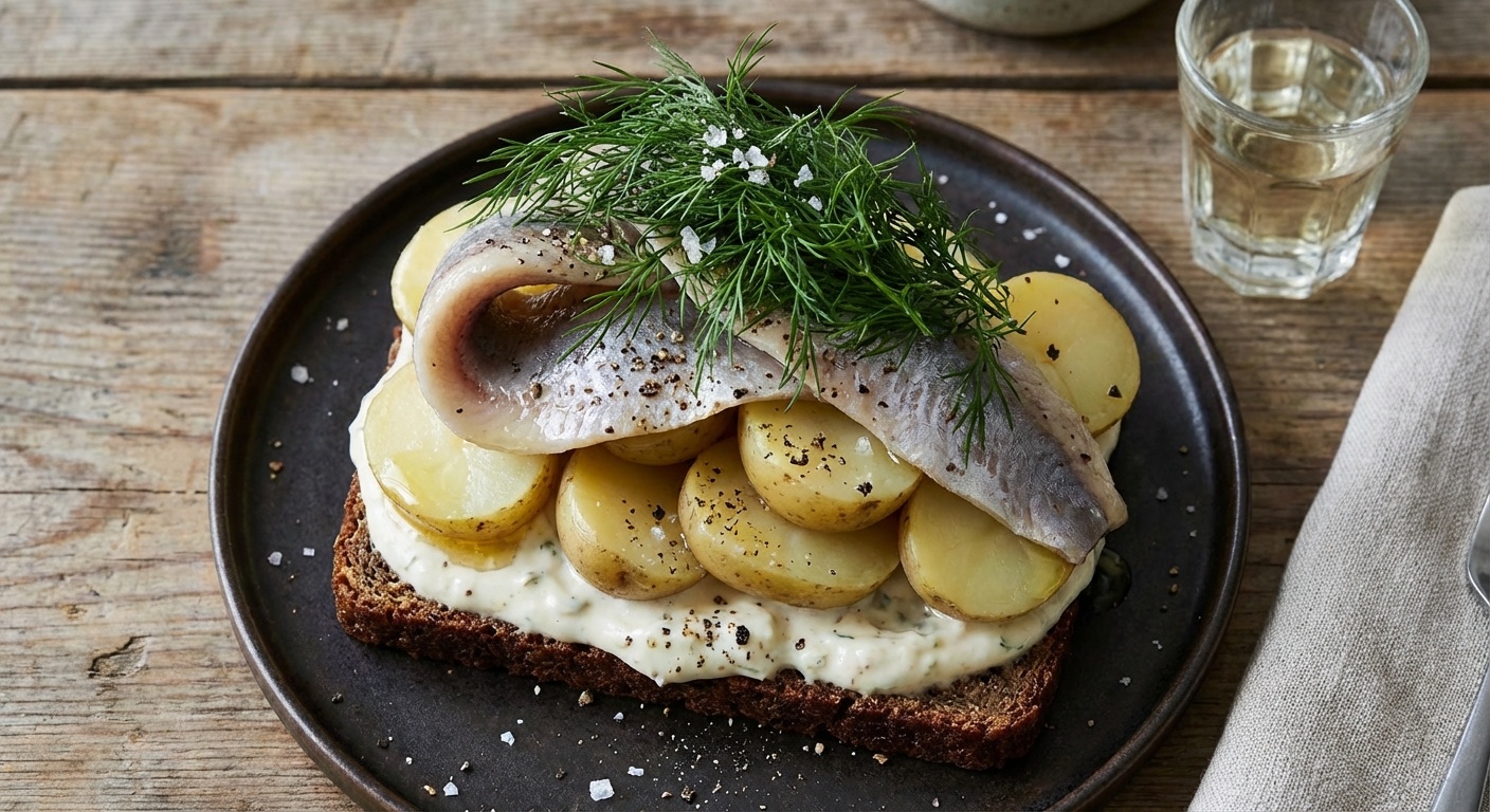 Smørrebrød Snaps Bread with New Potatoes and Herring