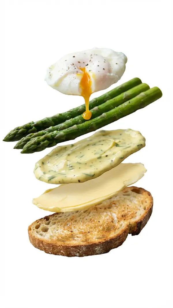 Asparagus with poached egg and tarragon mayo assembly © kvalifood.com