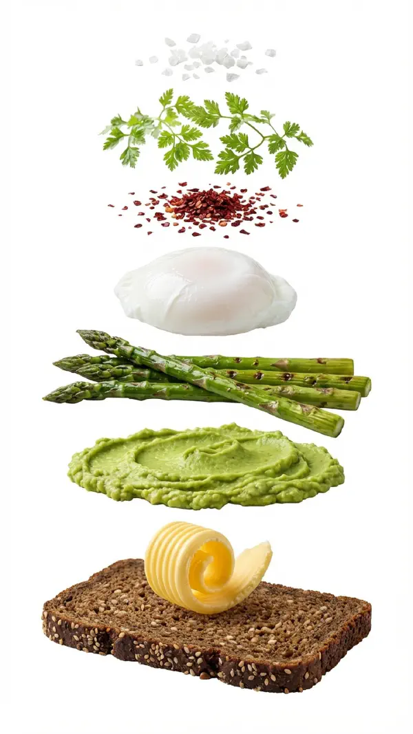 Avocado with asparagus and poached egg assembly © kvalifood.com