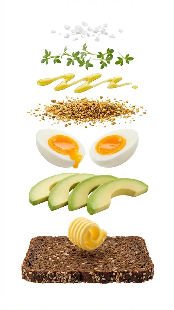 Avocado with soft-boiled egg and dukkah assembly © kvalifood.com