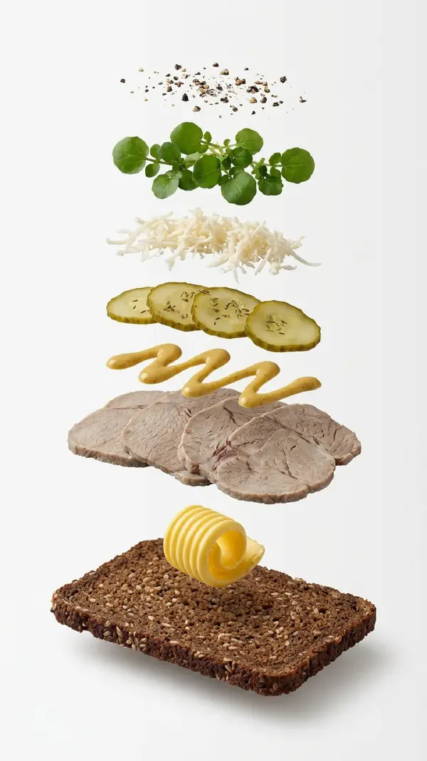 Beef brisket with mustard and pickled cucumber assembly © kvalifood.com