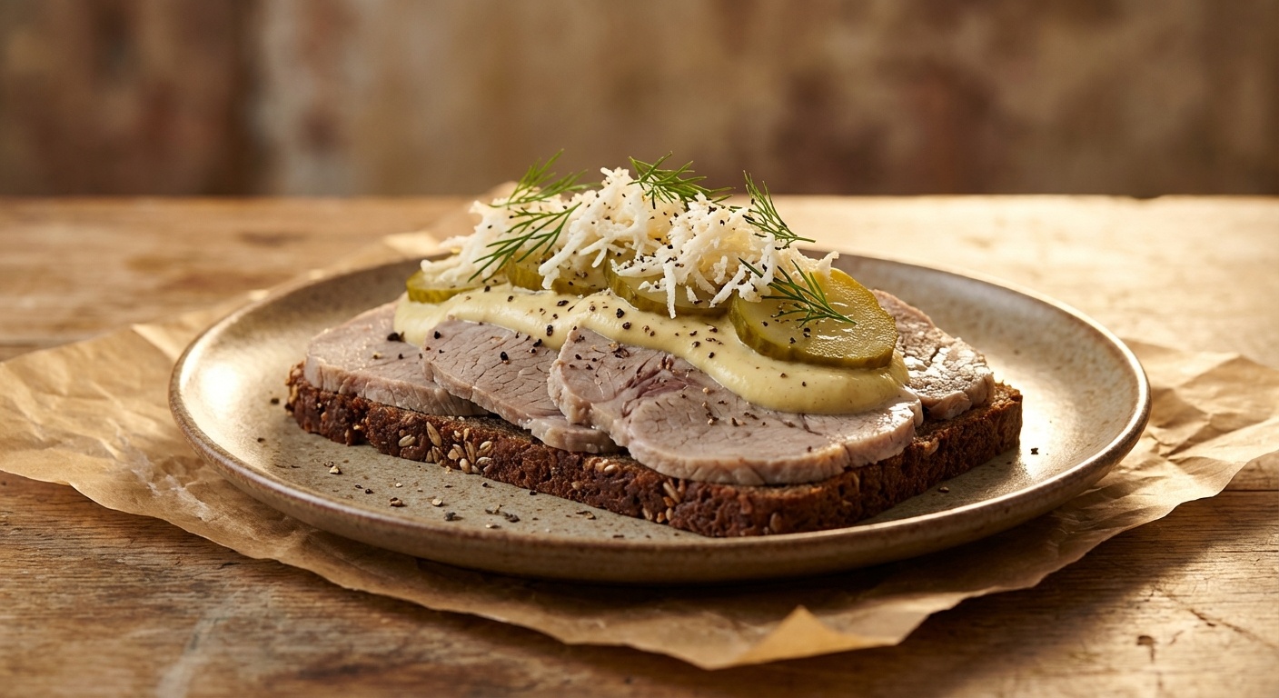 Smørrebrød with Beef Brisket, Mustard and Pickled Cucumber