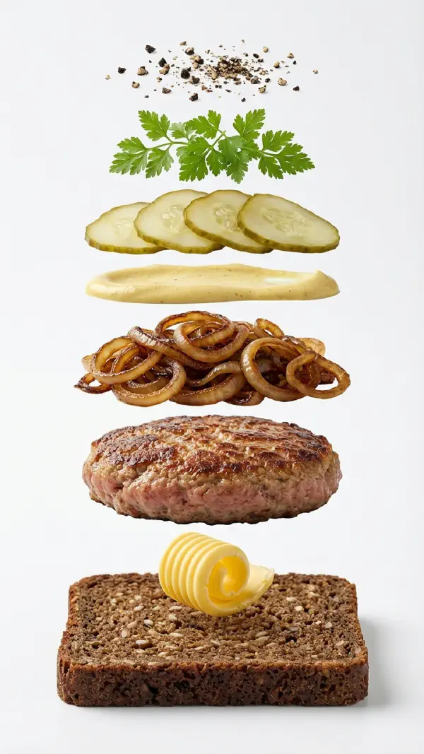 Beef patty with caramelised onions and mustard cream assembly © kvalifood.com