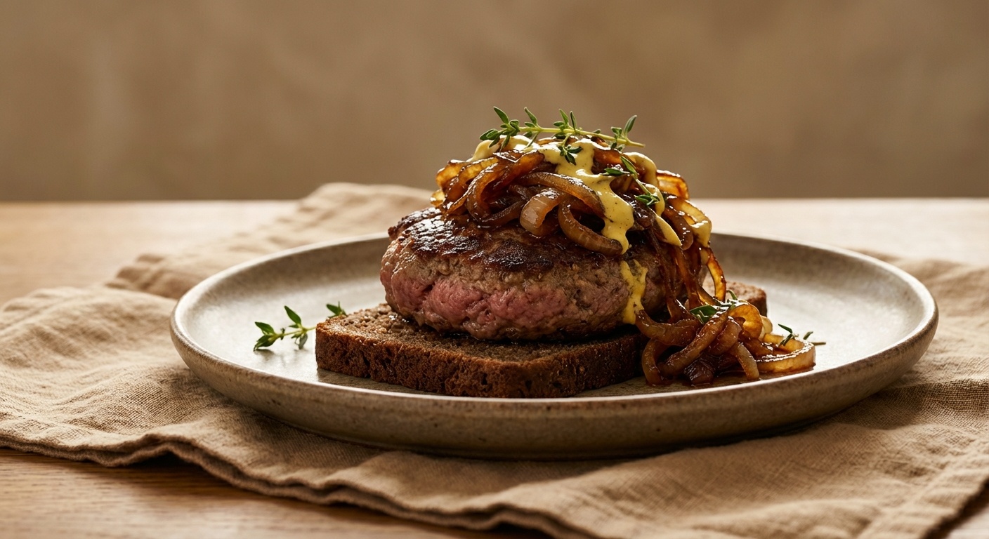 Smørrebrød with Beef Patty, Caramelised Onions and Mustard Cream