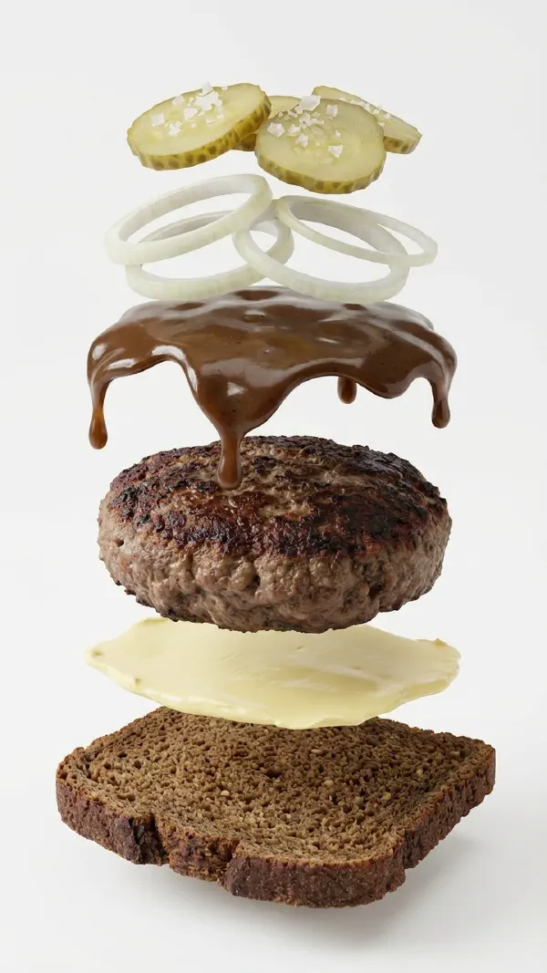 Beef patty with gravy and pickled cucumber assembly © kvalifood.com