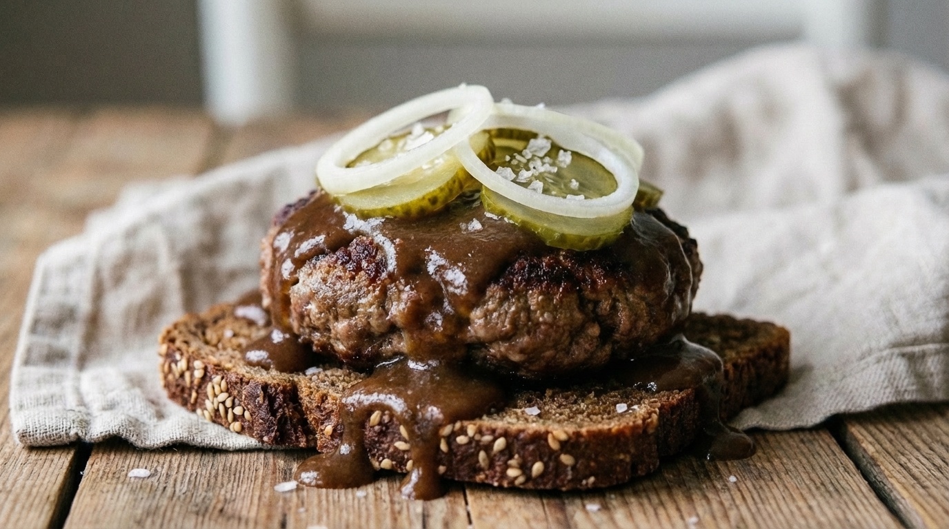 Smørrebrød with Beef Patty, Gravy and Pickled Cucumber