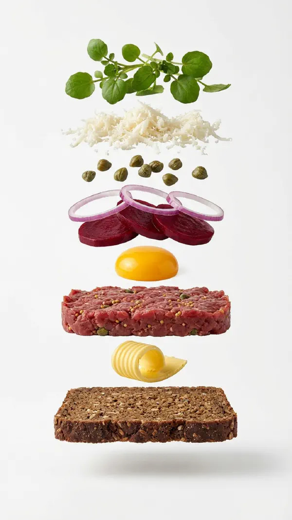 Beef tartare assembly with raw egg yolk and pickled beetroot © kvalifood.com