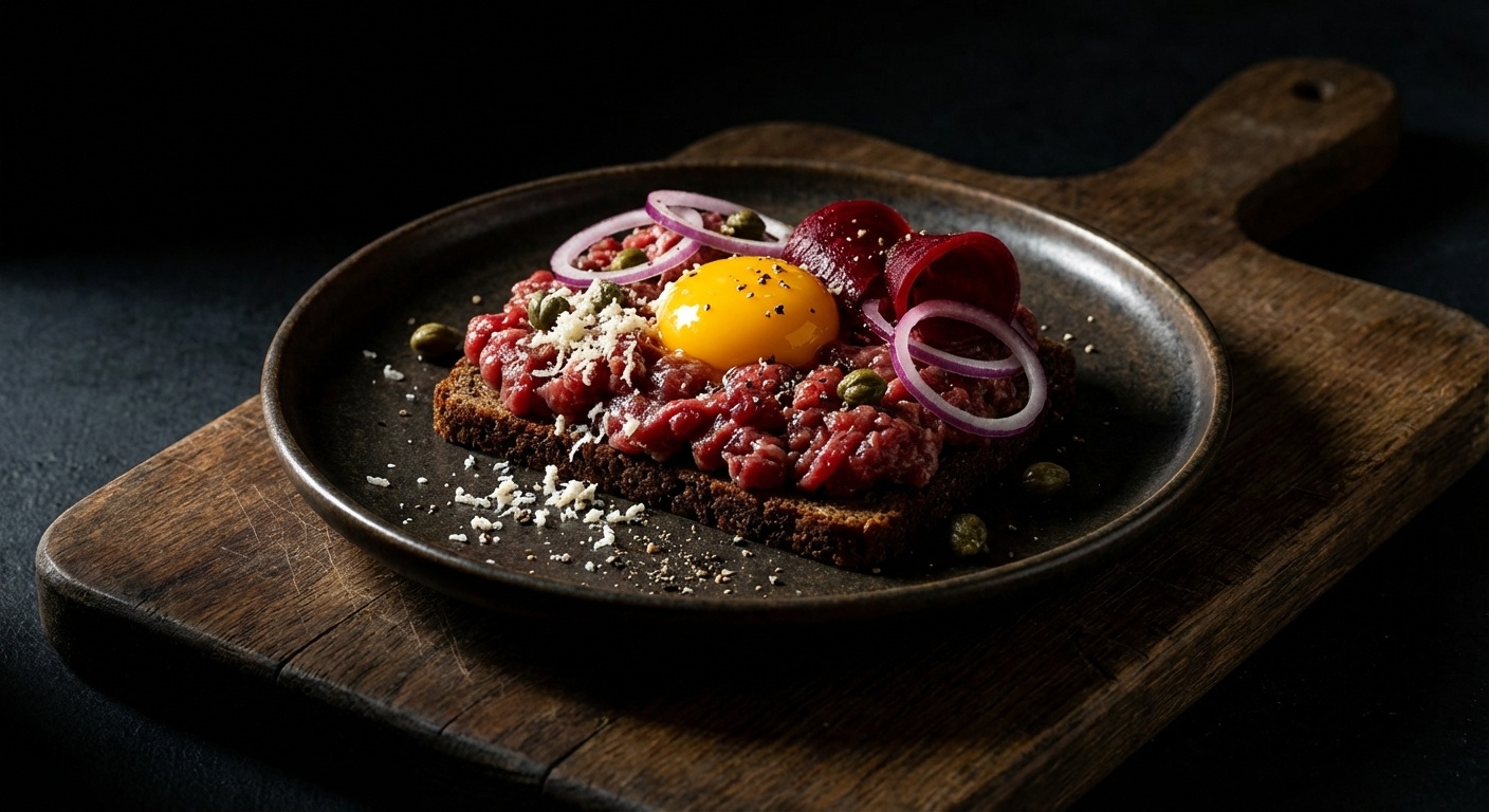 Smørrebrød with Beef Tartare, Raw Egg Yolk and Pickled Beetroot