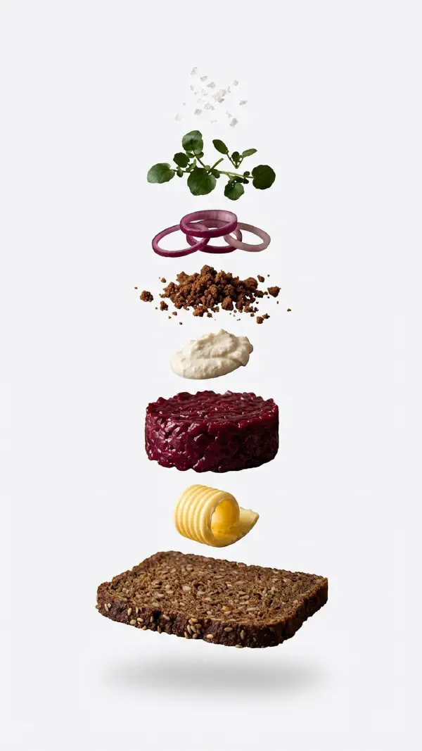 Beetroot tartare with horseradish cream and rye crumble assembly © kvalifood.com