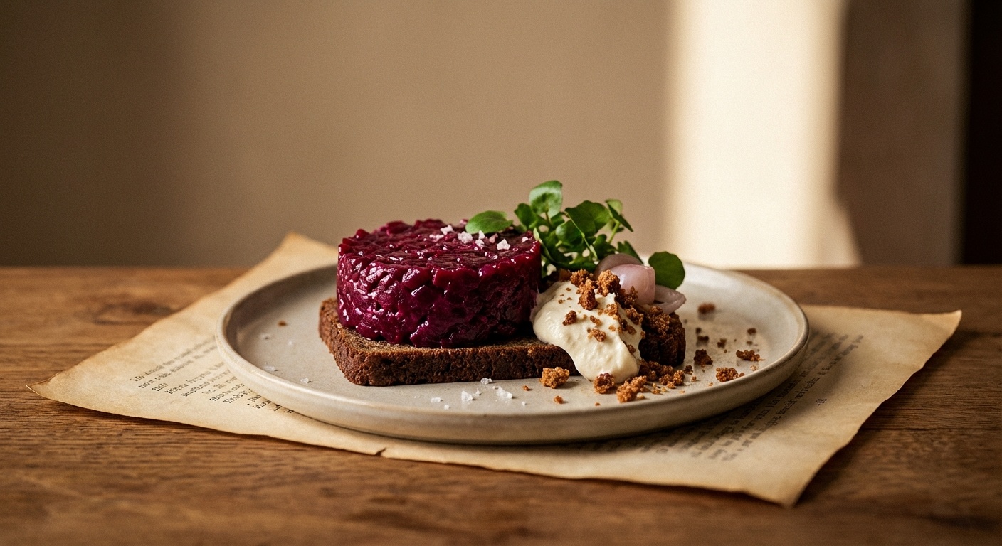 Smørrebrød with beetroot tartare, horseradish cream and rye crumble