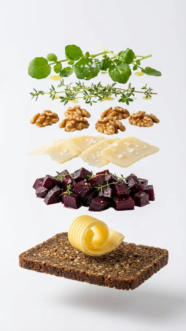 Beetroot with Vesterhavsost and walnuts assembly © kvalifood.com