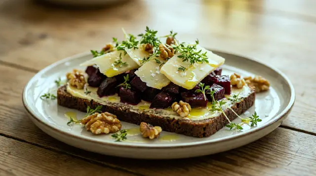 Smørrebrød with beetroot, Vesterhavsost and walnuts
