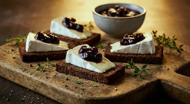 Smørrebrød with White Mould Cheese and Pickled Fruit