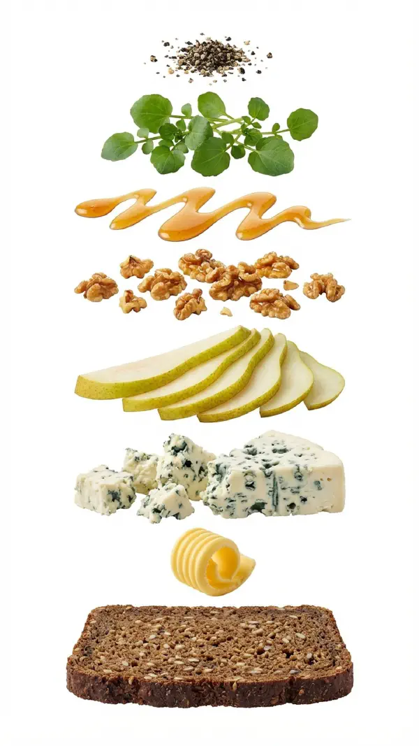 Blue cheese with honey, walnuts and pear assembly © kvalifood.com