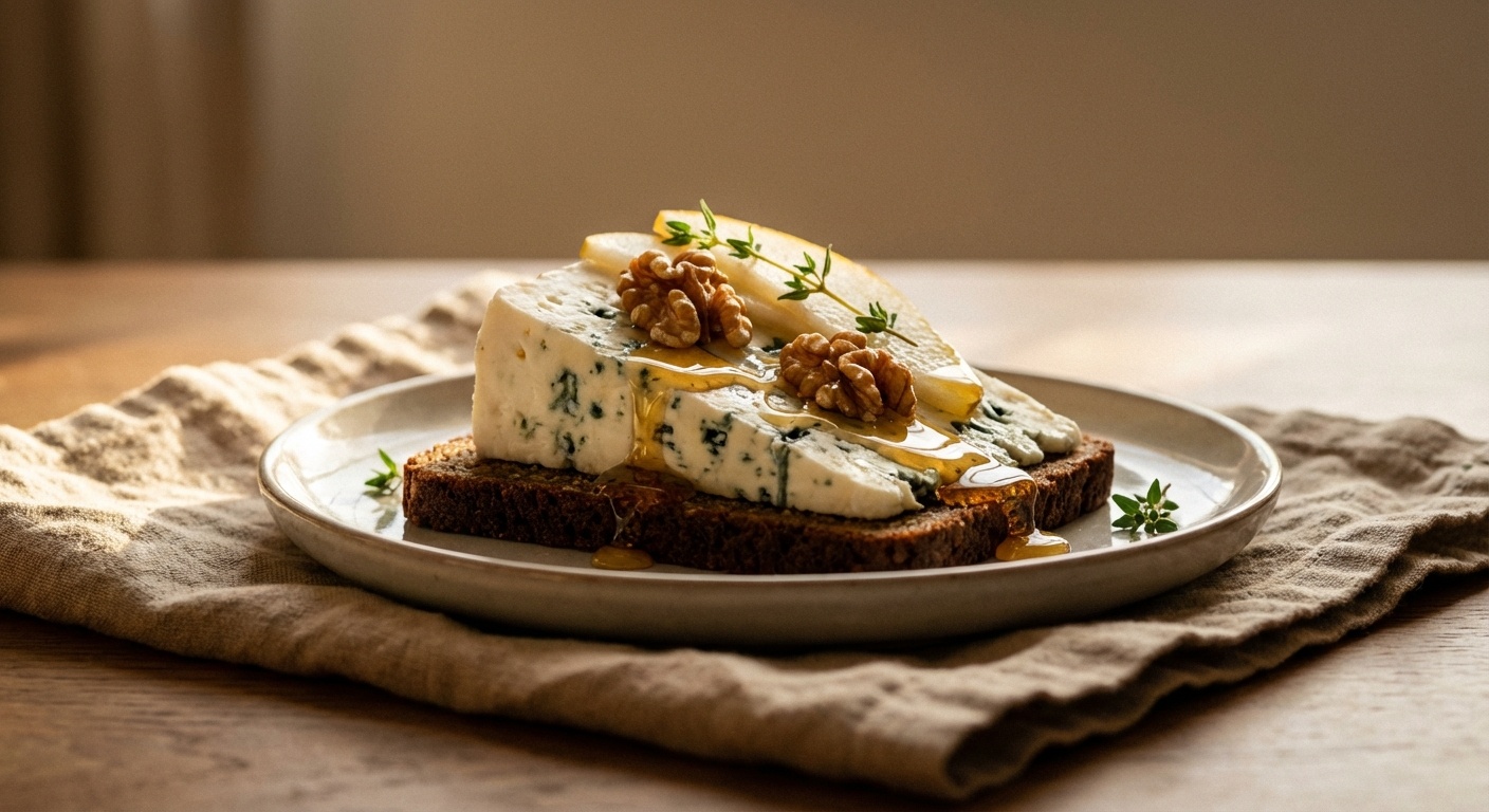 Smørrebrød with Blue Cheese, Honey, Walnuts and Pear