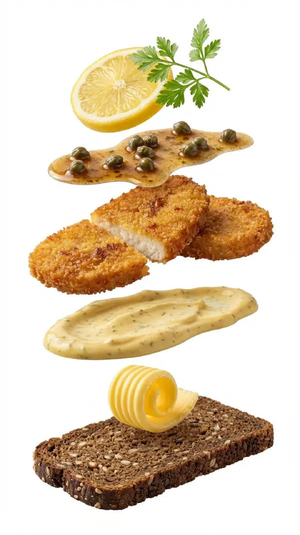 Breaded cod roe assembly with caper butter and lemon-chervil © kvalifood.com