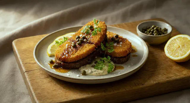 Smørrebrød with Breaded Cod Roe, Caper Butter and Lemon-Chervil