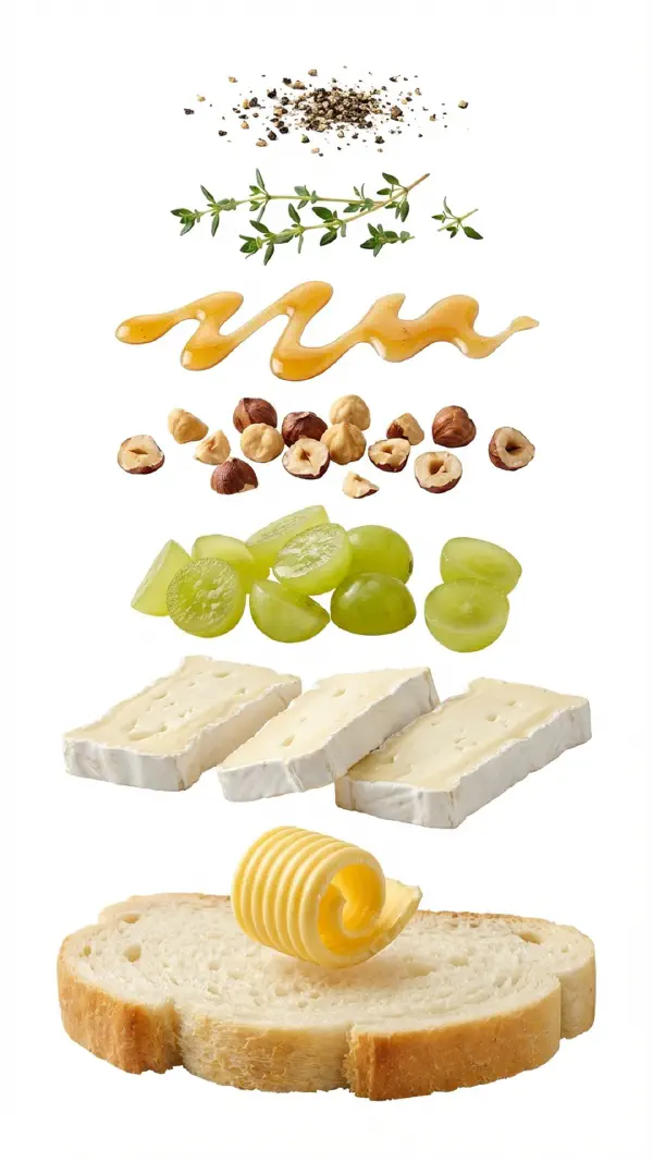 Brie with grapes and toasted hazelnuts assembly © kvalifood.com