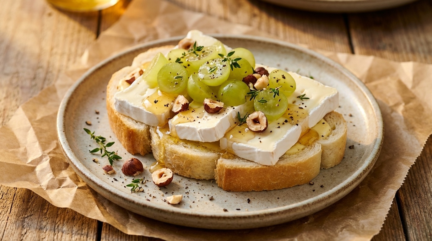 Smørrebrød with Brie, Grapes and Toasted Hazelnuts