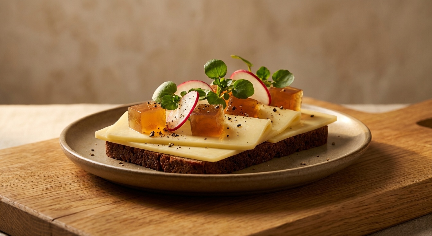 Smørrebrød with Cheese, Gravy and Radishes