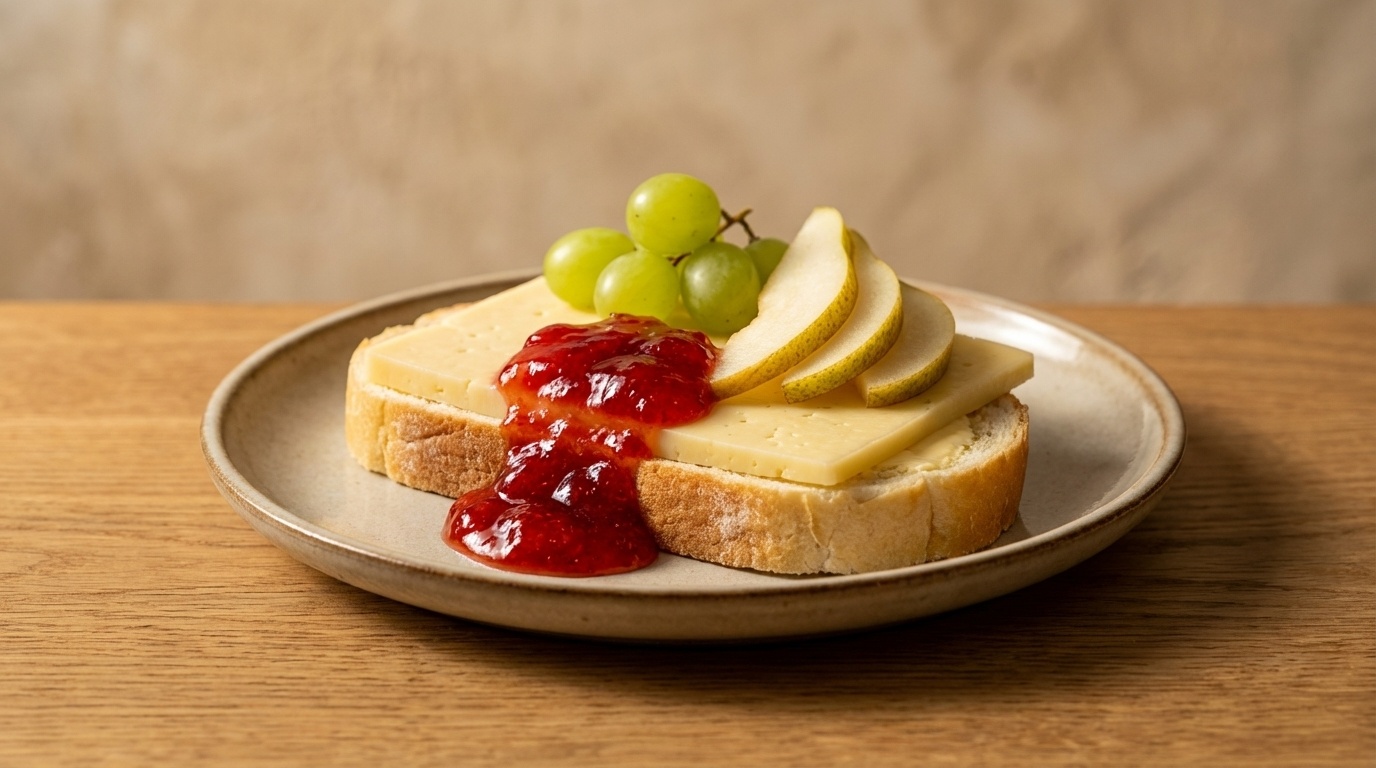 Smørrebrød with Cheese, Jam and Fresh Fruit