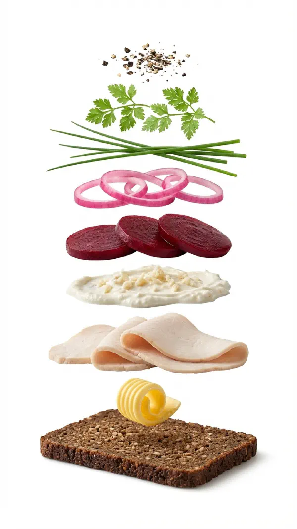 Chicken with horseradish cream and pickled beetroot assembly © kvalifood.com