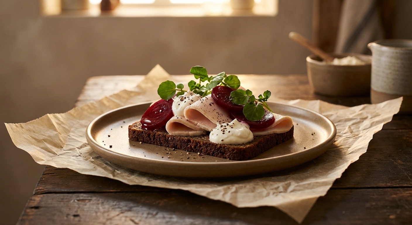 Smørrebrød with Chicken, Horseradish Cream and Pickled Beetroot