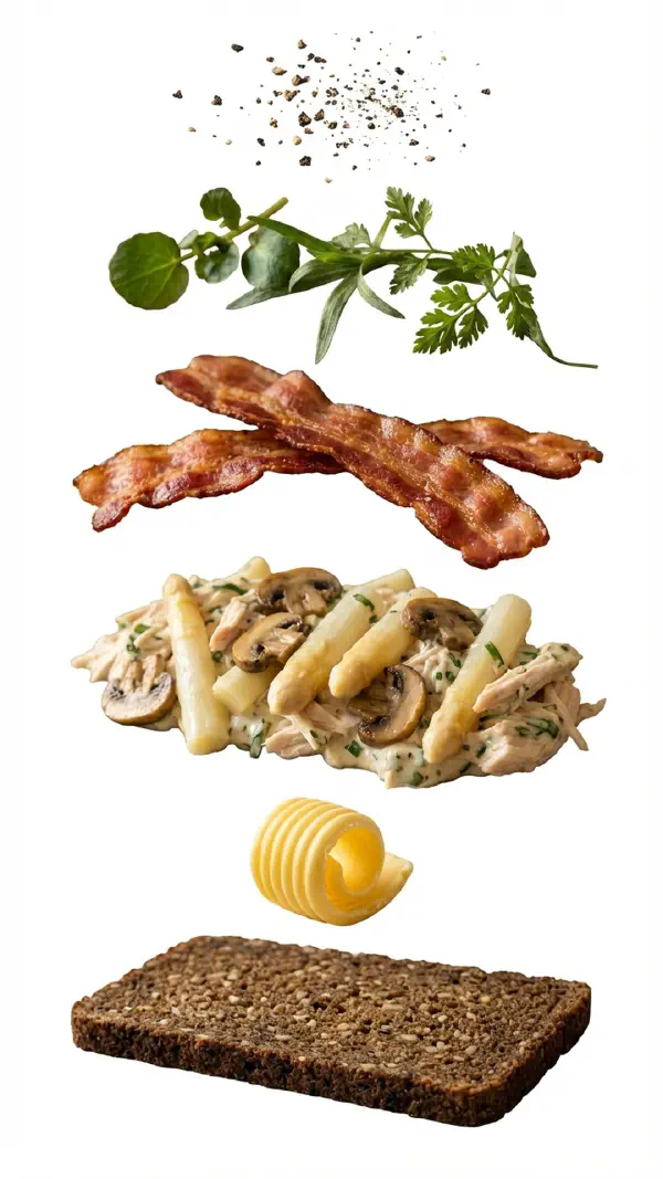 Chicken salad with asparagus, mushroom and tarragon assembly © kvalifood.com