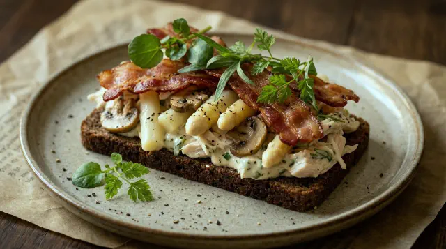 Smørrebrød with Chicken Salad, Asparagus, Mushroom and Tarragon