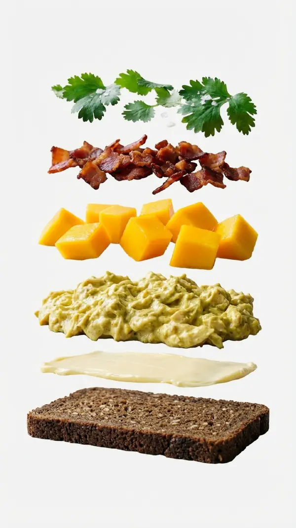 Chicken salad with curry and mango assembly © kvalifood.com