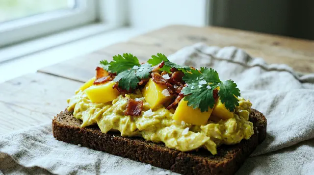 Smørrebrød with Chicken Salad with Curry and Mango