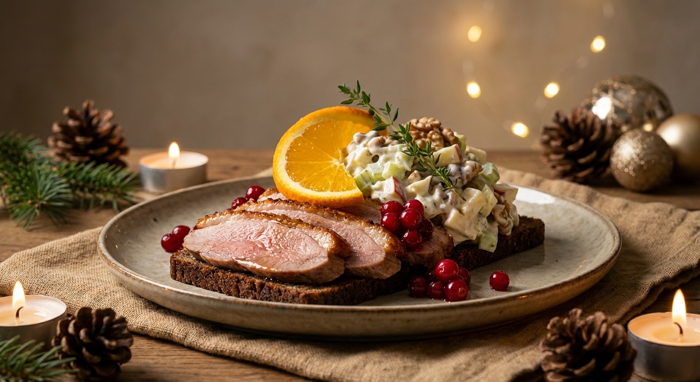 Smørrebrød with Christmas Lunch Duck and Waldorf Salad