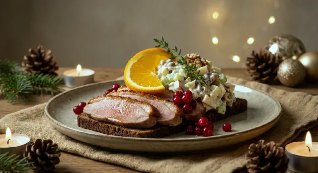 Smørrebrød with Christmas Lunch Duck and Waldorf Salad