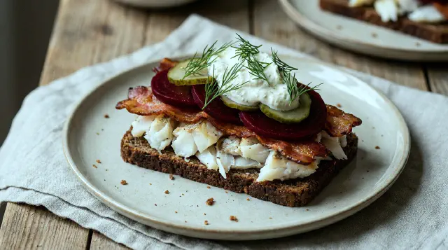 Smørrebrød with Cod, Bacon and Beetroot
