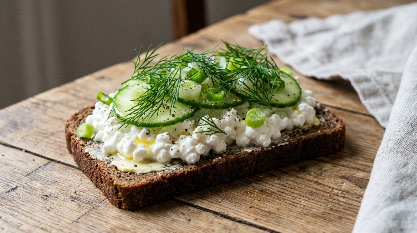 Smørrebrød with Cottage Cheese, Cucumber and Dill
