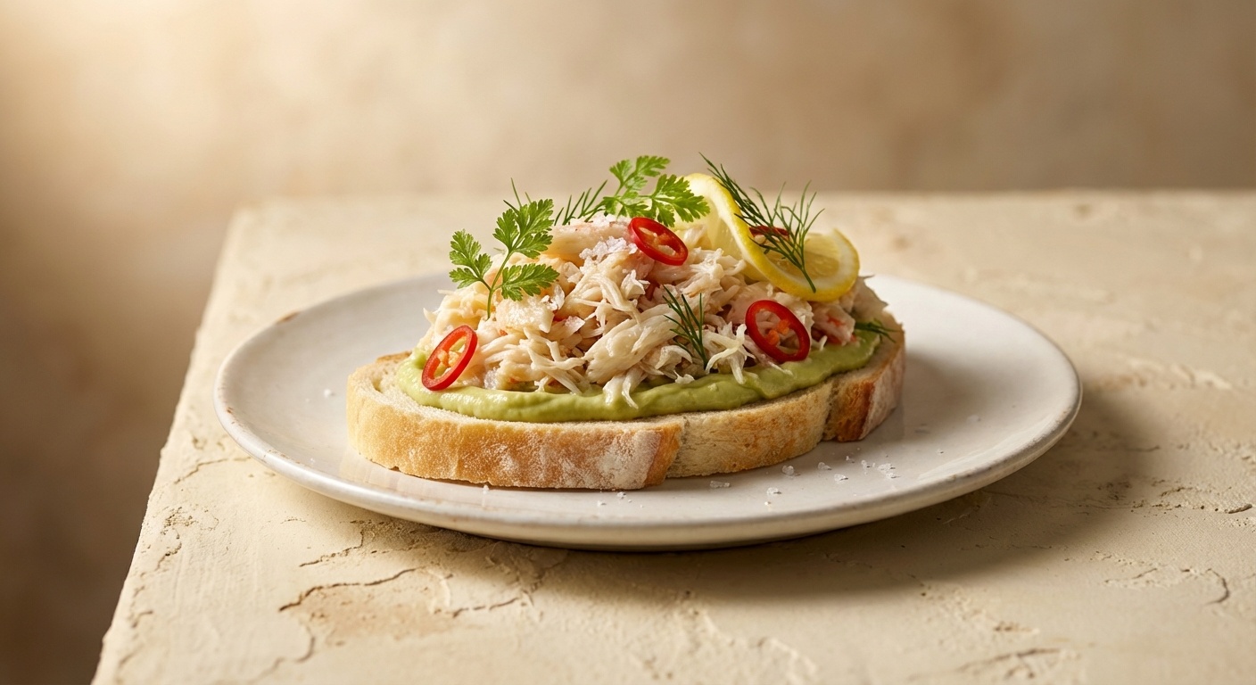 Smørrebrød with Crab Salad, Avocado Mousse and Chilli