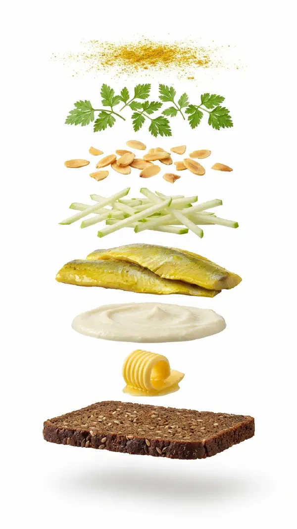 Curried herring with cauliflower cream and toasted almonds assembly © kvalifood.com